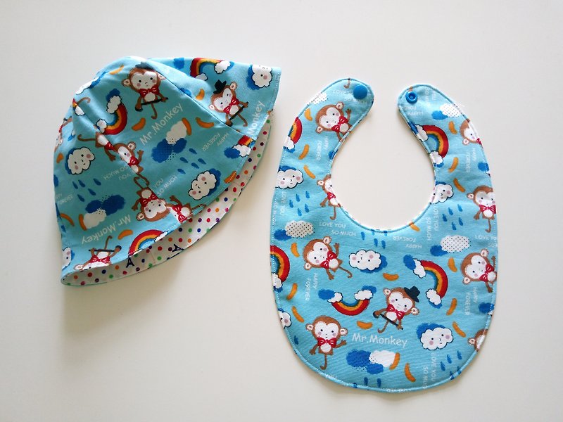 猴子先生弥月礼物  婴儿帽+围兜 - 围嘴/口水巾 - 棉．麻 蓝色