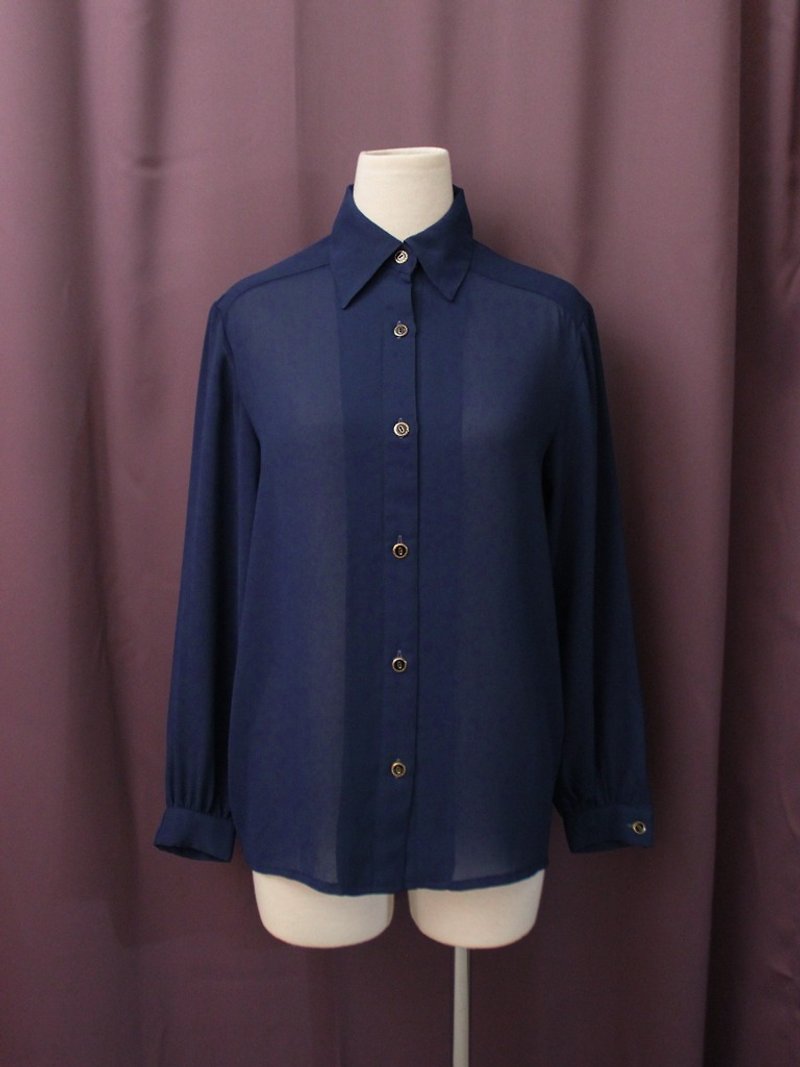 复古日本制典雅简约深蓝色长袖古着衬衫 Vintage Blouse - 女装衬衫 - 聚酯纤维 蓝色