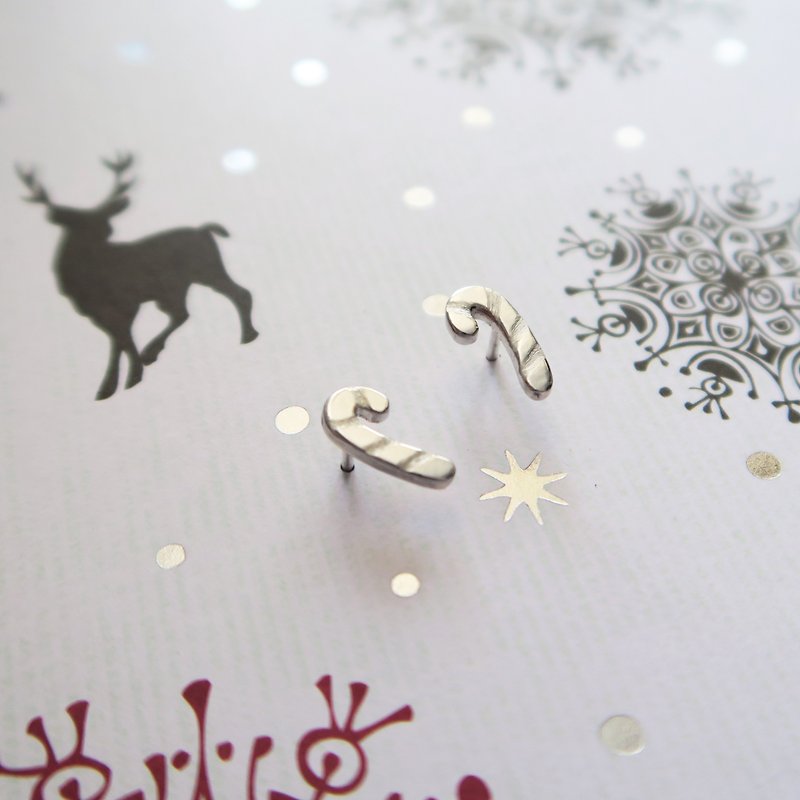 【圣诞礼盒】925纯银 拐杖糖 耳环 耳夹 一对 免费送礼包装 - 耳环/耳夹 - 纯银 银色