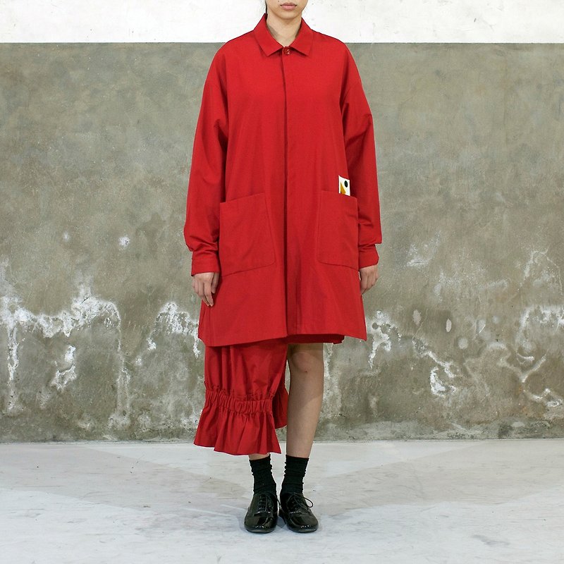 圣诞红棉质风衣外套 - 女装西装外套/风衣 - 棉．麻 红色