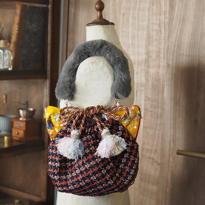 ファンシーツイード織猫型巾着5wayリュックバッグ(一点作品/送料無料) - 后背包/双肩包 - 棉．麻 多色