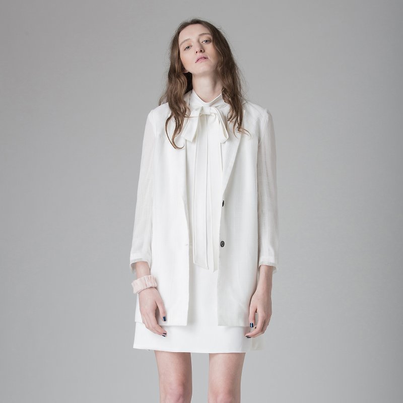 白色格子网纱西装褛－香港设计品牌Lapeewee - 女装休闲/机能外套 - 聚酯纤维 白色