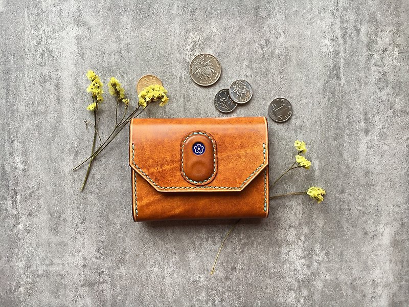 黄棕色手工牛皮名片夹/零钱包/ leather card wallet - 名片夹/名片盒 - 真皮 橘色