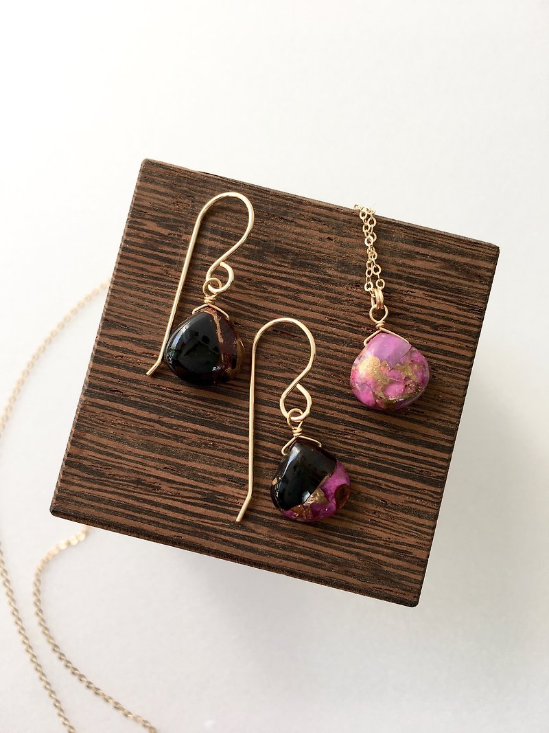 【imperfect product】Pink copper obsidian set-up 14kgf, hook-earring, necklace - 项链 - 石头 粉红色