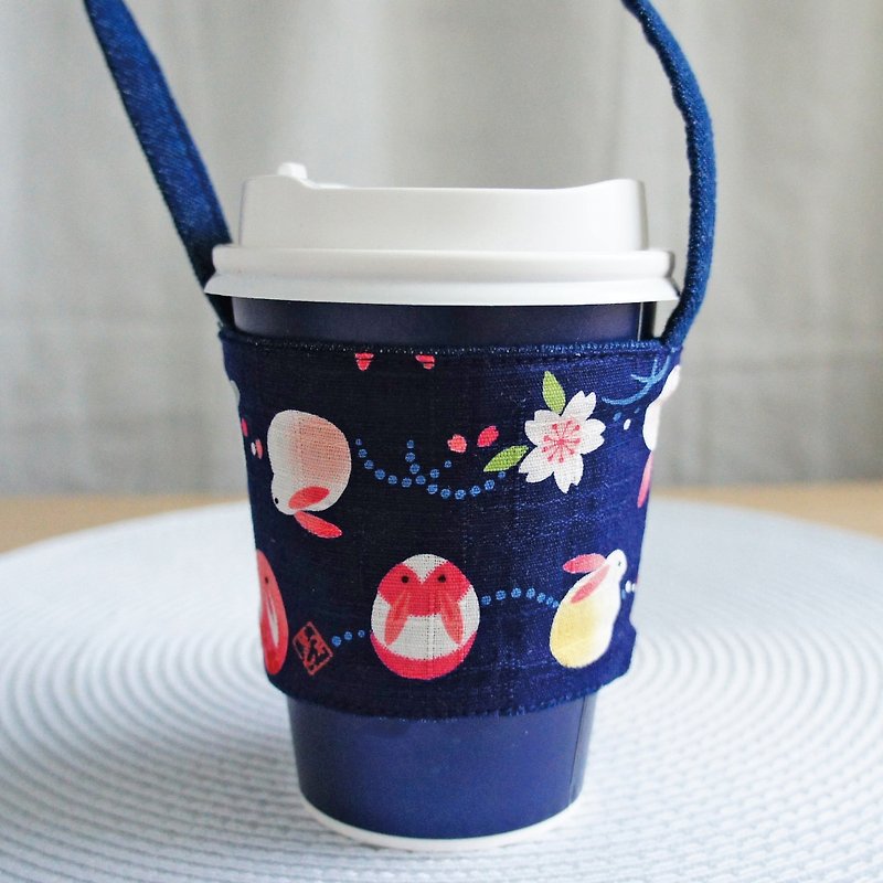 Lovely【日本布】月亮兔子饮料杯袋、提袋、环保杯套、藏蓝E - 随行杯提袋/水壶袋 - 棉．麻 蓝色