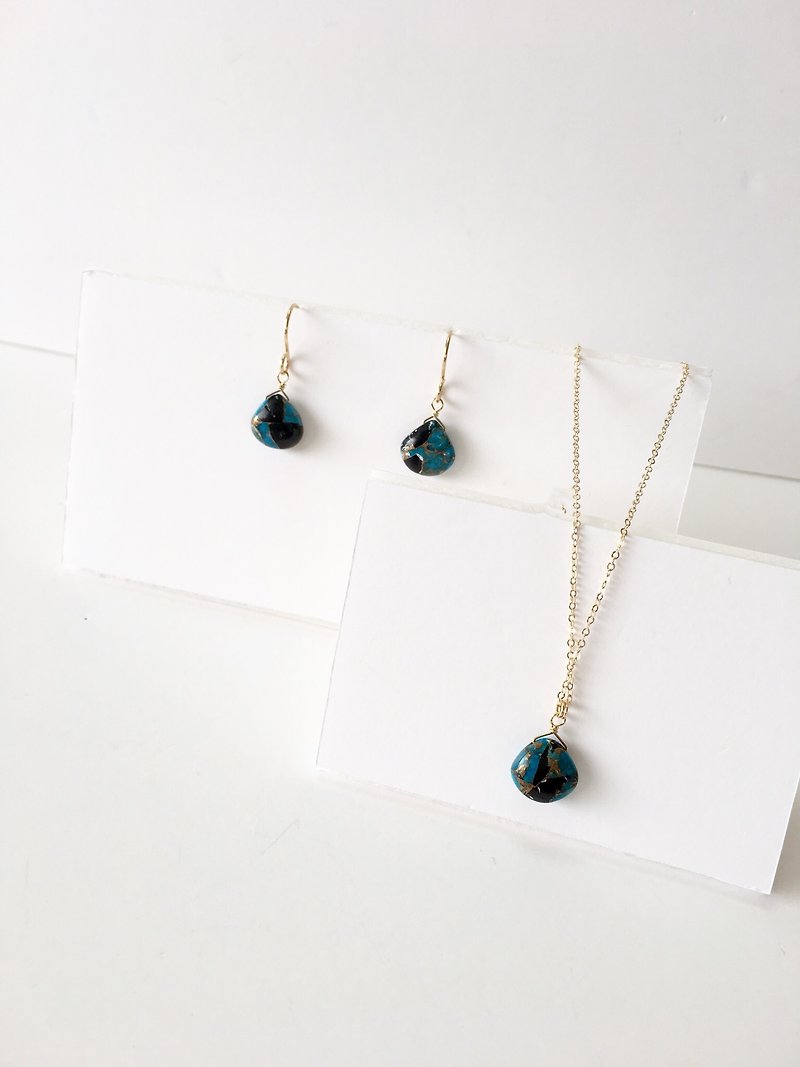 【imperfect product】Blue copper obsidian set-up, 14kgf, necklace, hook-earring - 耳环/耳夹 - 石头 蓝色
