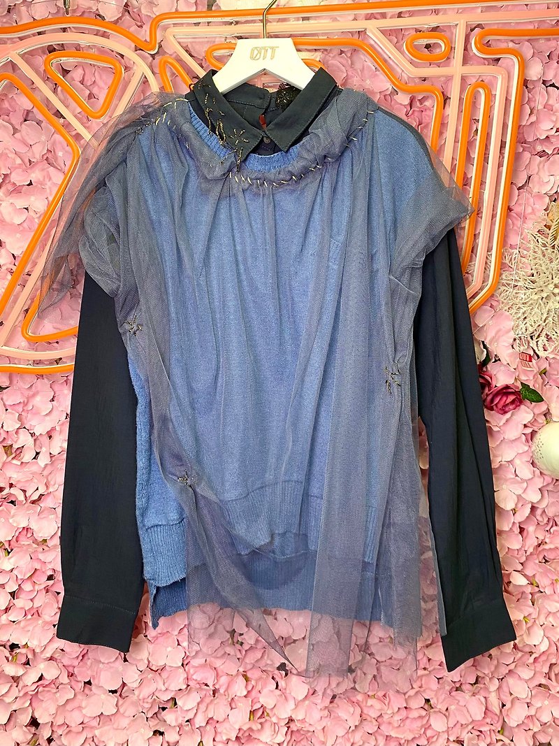 OTT独一无二•Unique日系灰紫蓝色假两件针织恤衫网纱上衣 - 女装上衣 - 棉．麻 紫色