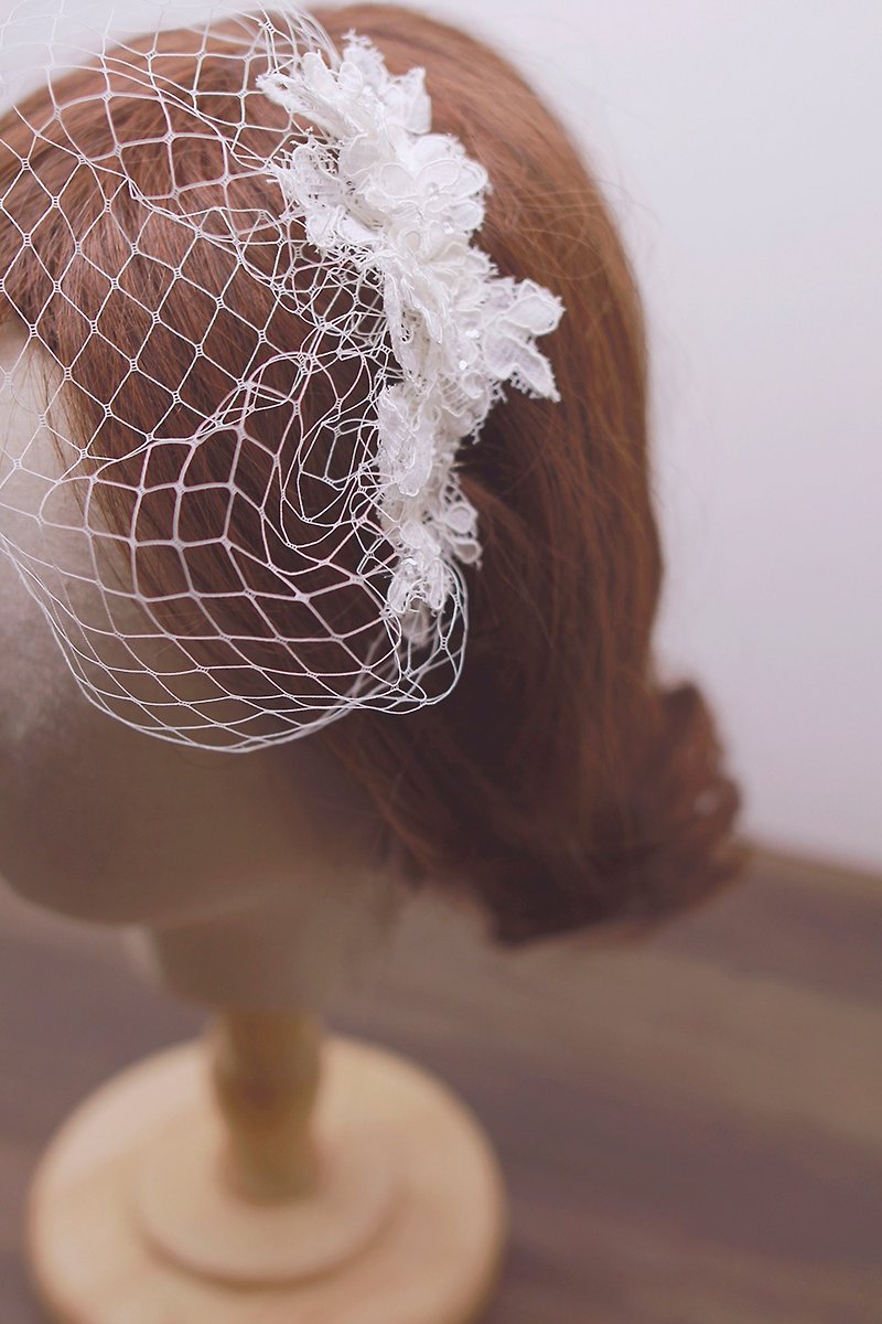 新娘蕾丝白纱 Handmade Bridal Lace Birdcage Veil, Lace Veil - 发饰 - 丝．绢 白色