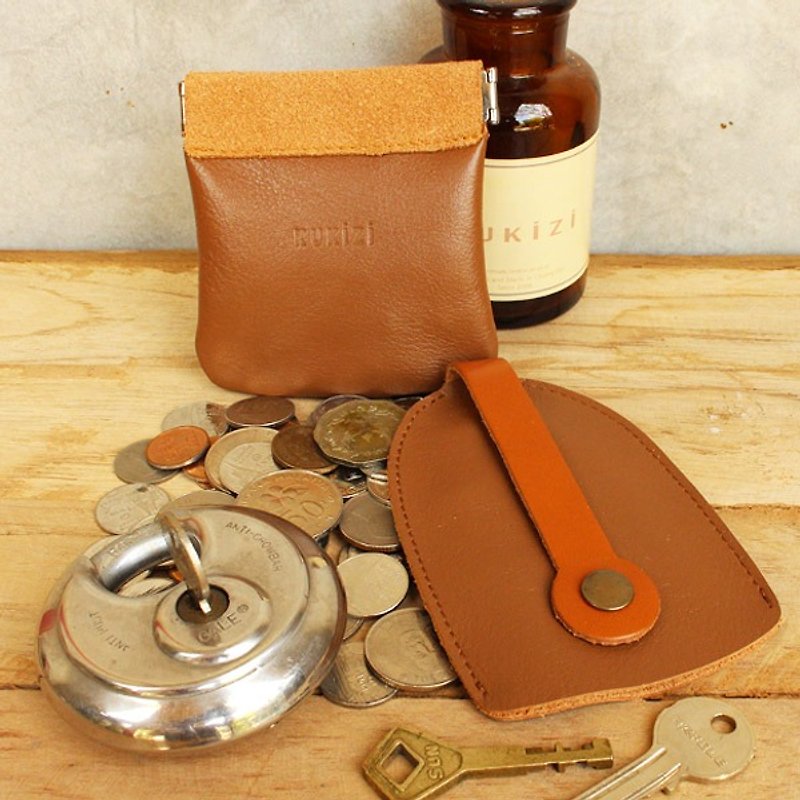 Set of Coin Bag & Key Case - Tan + Tan Strap (Genuine Cow Leather) - 零钱包 - 真皮 
