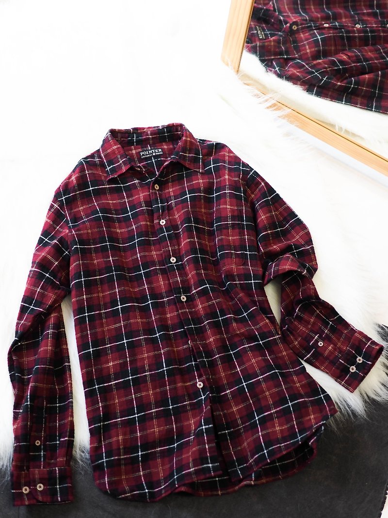 河水山 - 京都黯红格纹青涩摇滚少女 古董棉质衬衫上衣外套 - 女装衬衫 - 棉．麻 红色