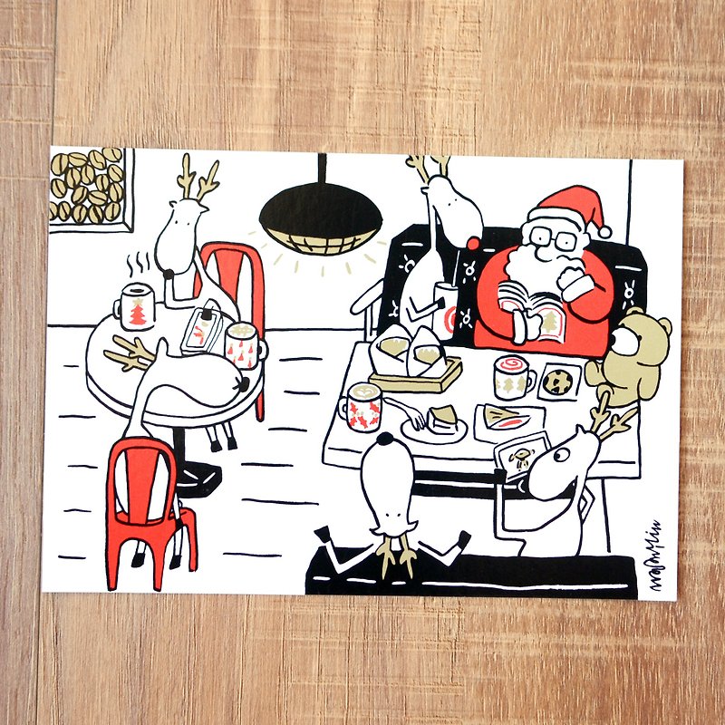 圣诞卡-2018圣诞老人与麋鹿日常明信片5号: 咖啡时光 - 卡片/明信片 - 纸 金色