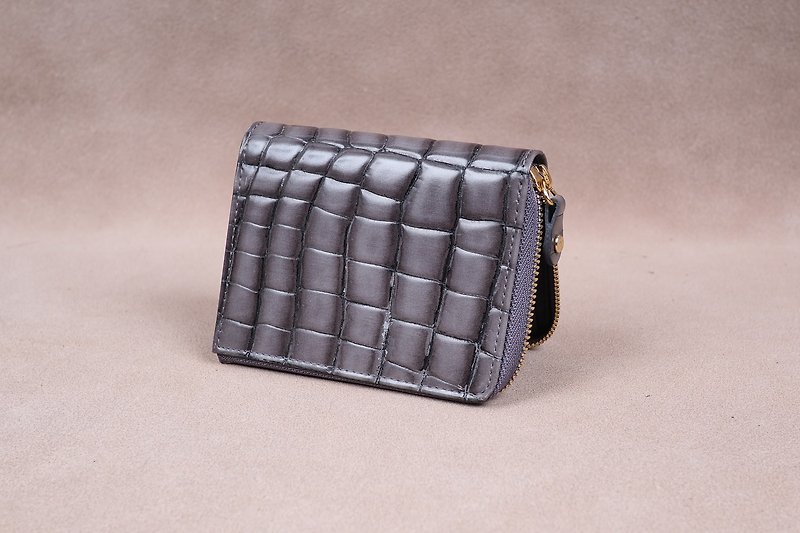 Zipper Wallet / Coin Wallet / Italy Crocodile Cow Leather(Gray) - 零钱包 - 纸 灰色