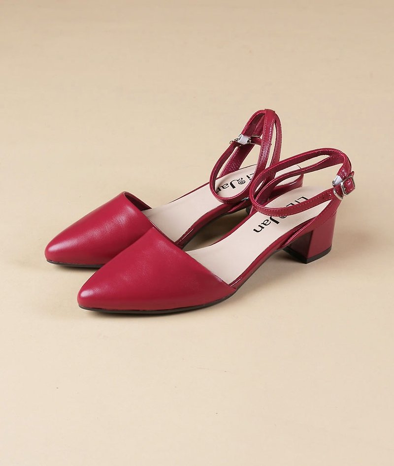 【怦然时刻】优雅系带中跟凉鞋_法式莓红 - 男女凉鞋 - 真皮 红色