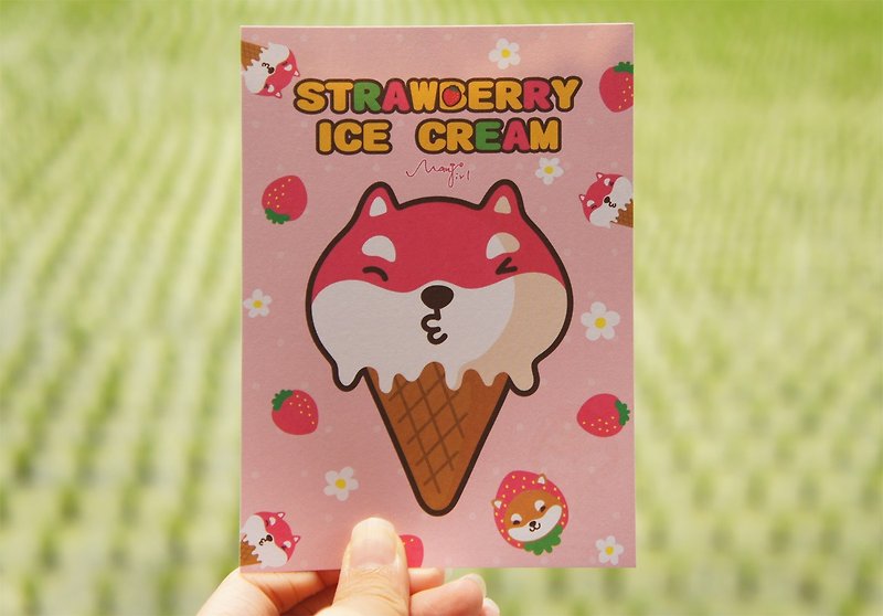 [Mangogirl]柴犬冰淇淋涂鸦明信片(草莓口味) - 卡片/明信片 - 纸 