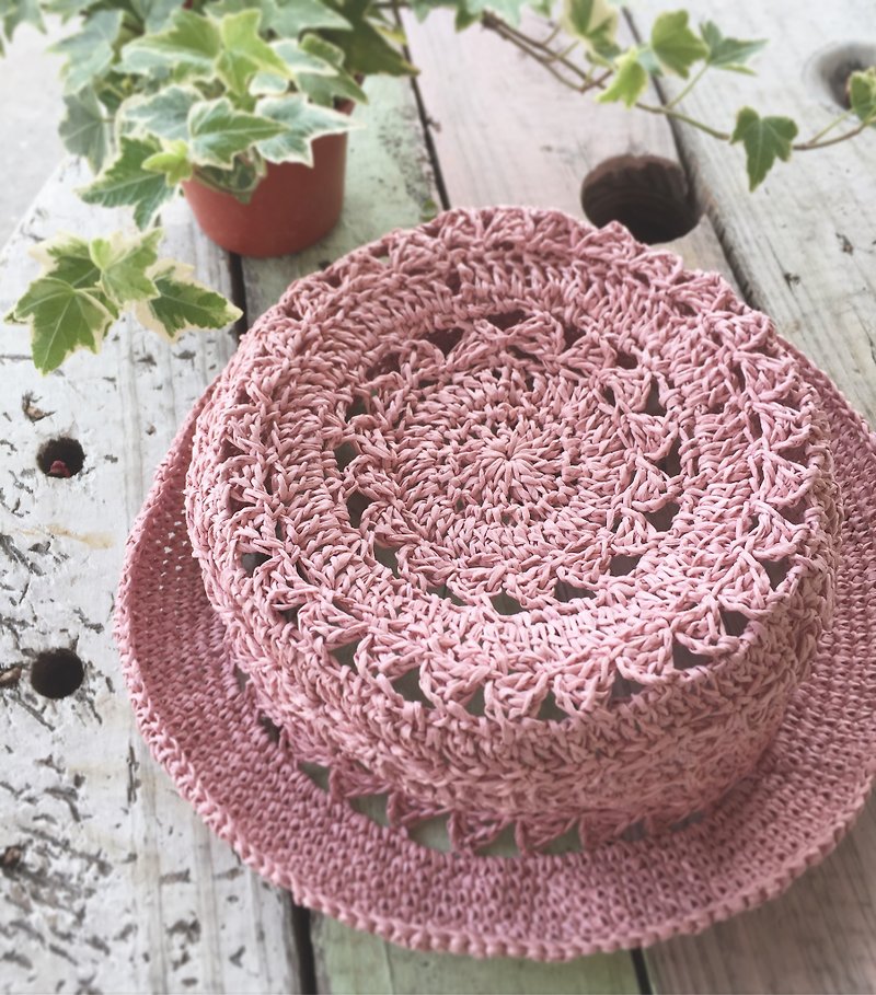 手工编织夏日缕空纸线帽红豆牛奶粉色、自然原色两色及两种尺寸 - 帽子 - 纸 多色