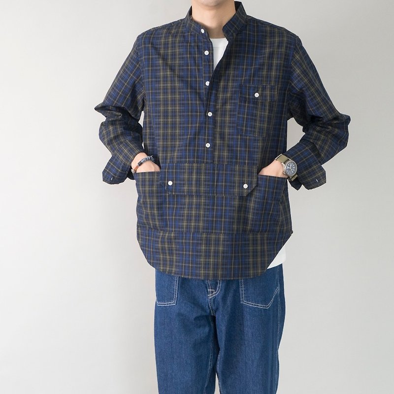 日系style 宽松版型套头格子工装衬衫 小立领多袋衬衫 - 男装衬衫 - 棉．麻 蓝色