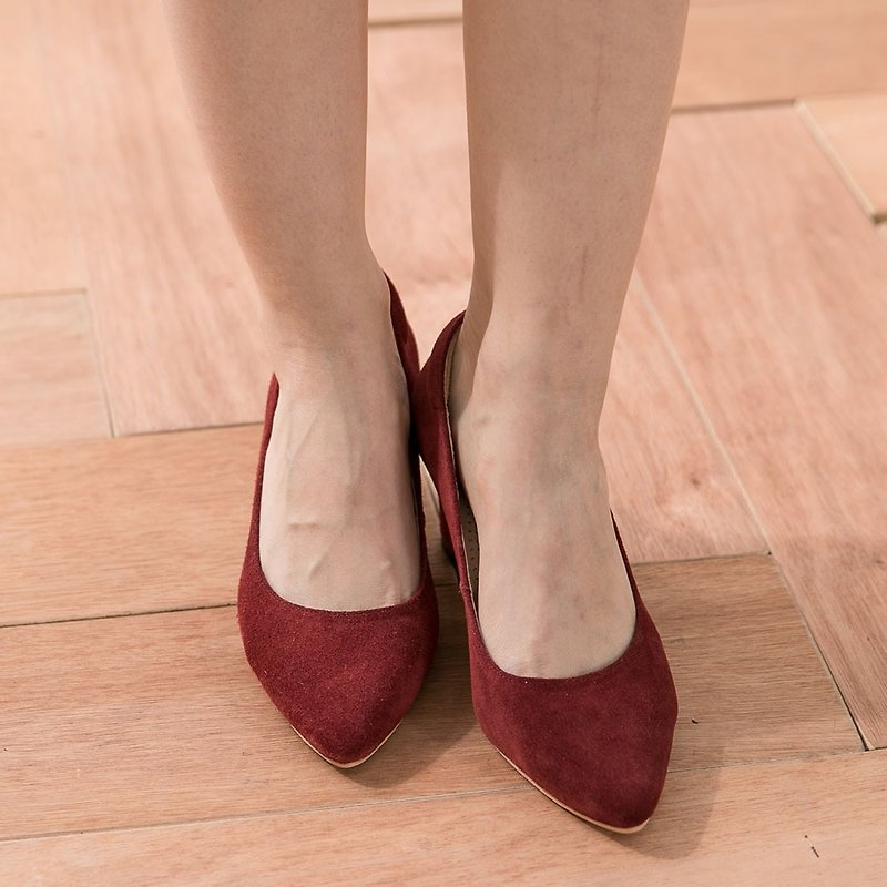 Maffeo 高跟鞋 尖头鞋 微性感尖头美国进口麂皮高跟鞋 静音天皮(831暗红) - 高跟鞋 - 真皮 红色