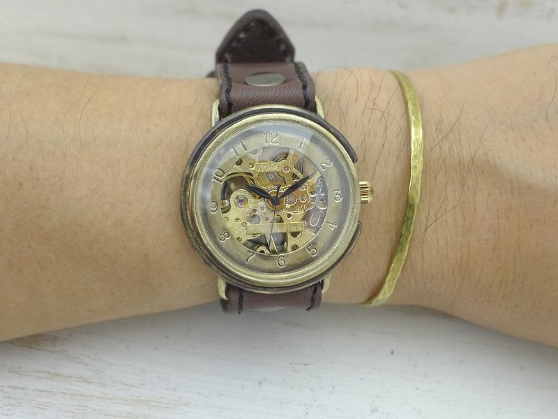 手作り腕時計 BHW059 手巻きBrass36mm アラビア数字 ミシンステッチベルト - 女表 - 铜/黄铜 金色
