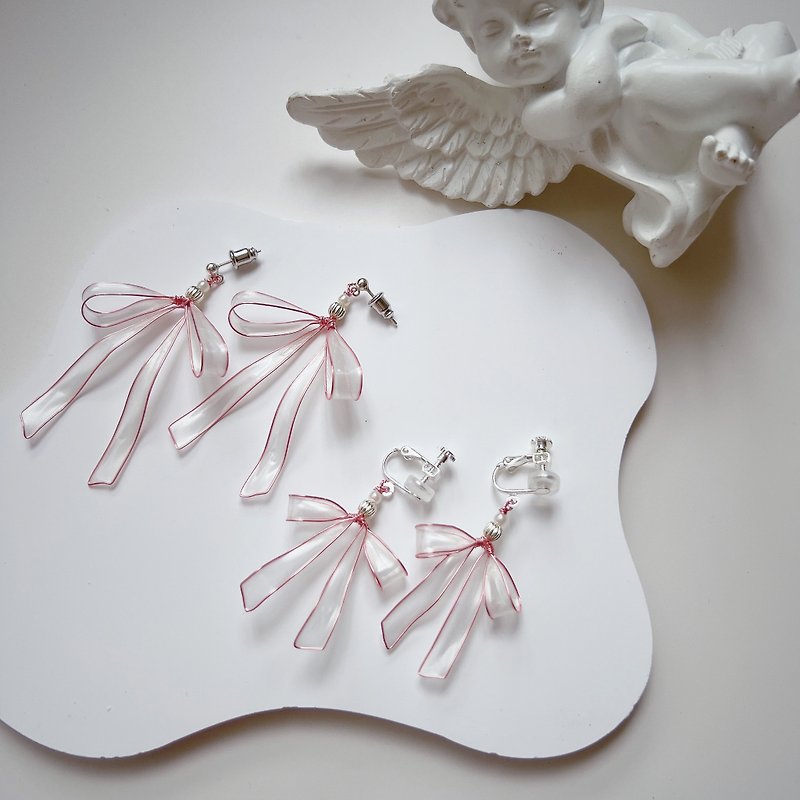 迷失巴黎 粉 法式蝴蝶结树脂耳环 - 耳环/耳夹 - 树脂 粉红色