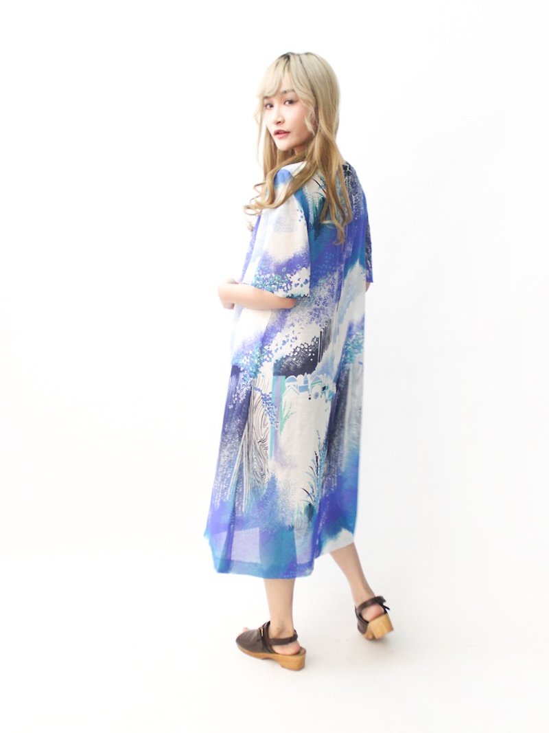 【RE0809D1318】夏日本制复古仙境瀑布水蓝宽松短袖古着洋装 - 洋装/连衣裙 - 聚酯纤维 蓝色