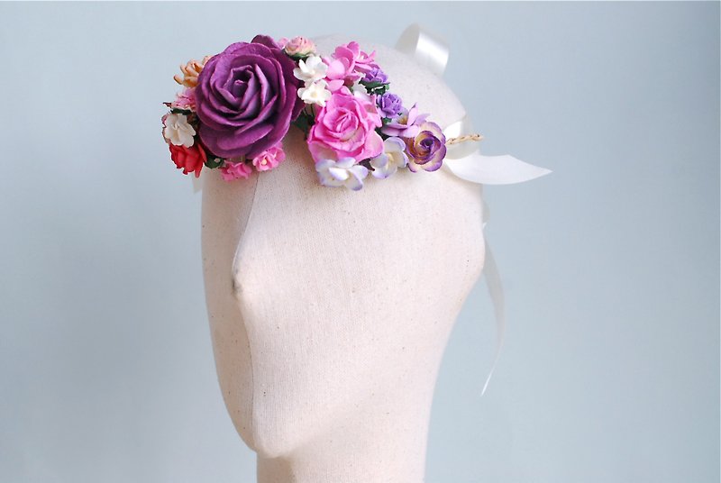 Paper Flower, Headband, Wedding, Big roses and small floral tiara in purple, pink, peach brush and maroon Color. - 发饰 - 纸 紫色