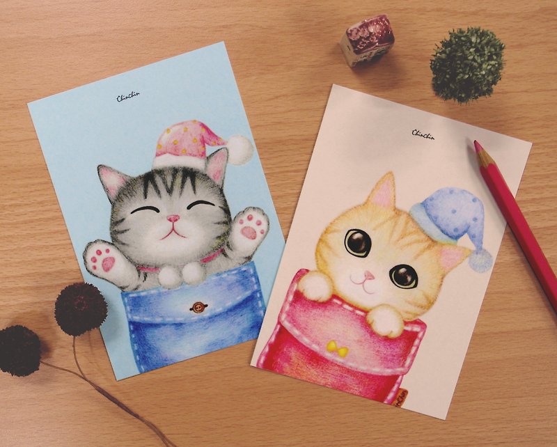 ChinChin 手绘猫咪明信片 - 口袋猫系列 (两入一组) - 卡片/明信片 - 纸 多色