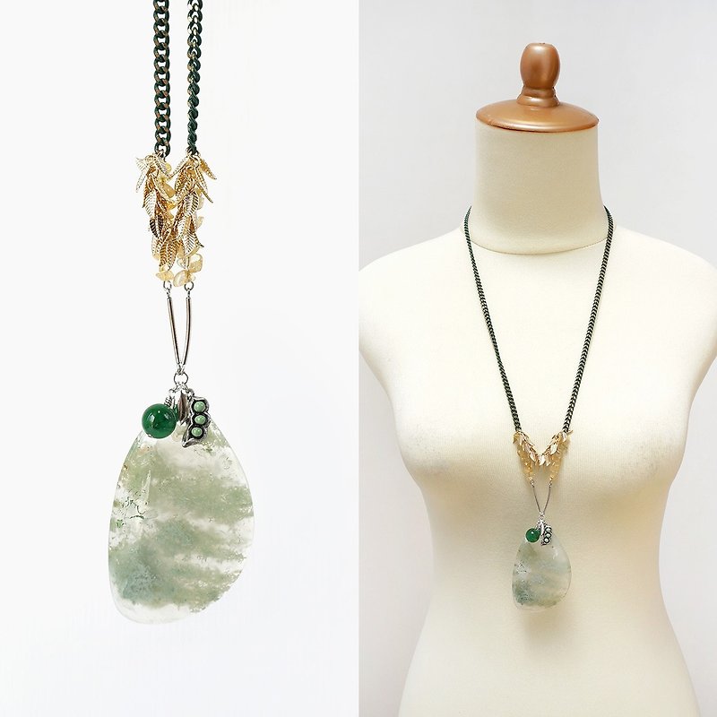 时尚感长形项链: 大块天然苔藓玛瑙石+黄水晶芯片与可爱毛豆配饰 - 长链 - 半宝石 