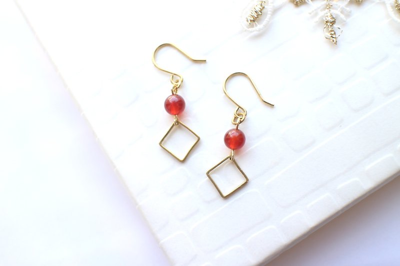 红宝- 黄铜 红玛瑙耳环-可改夹 - 耳环/耳夹 - 其他金属 红色