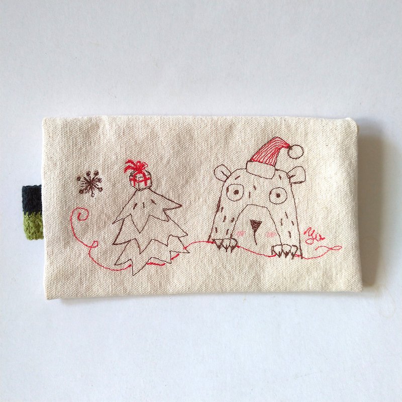 耶诞款---呆呆熊折口手拿包、笔袋、收纳包 - 化妆包/杂物包 - 棉．麻 白色