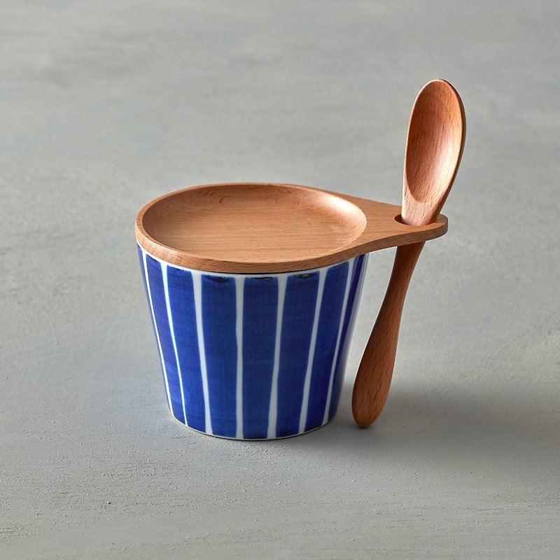 石丸波佐见烧 - 点心杯盘组 - 附匙 (3件式) - 和风蓝线 - 茶具/茶杯 - 瓷 白色