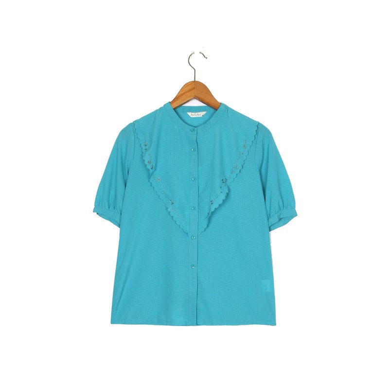 【蛋植物古着】水色时光刺绣古着短袖衬衫 - 女装衬衫 - 聚酯纤维 蓝色