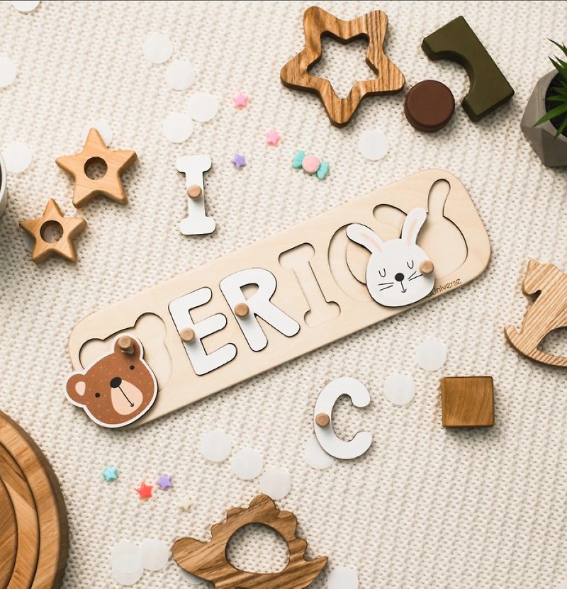 益智木制名字拼图 带动物的婴儿名字拼图 给孩子的礼物 - 玩具/玩偶 - 木头 多色
