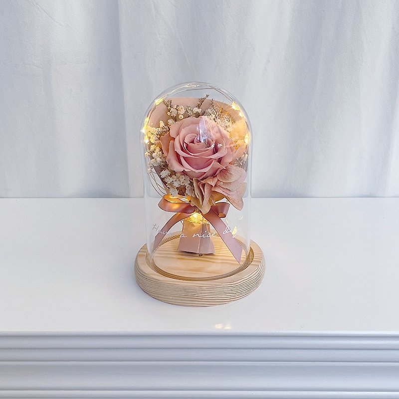 母亲节礼盒/定制化礼物 LED玫瑰小花束永生花玻璃钟罩-莫兰迪粉 - 干燥花/捧花 - 植物．花 粉红色
