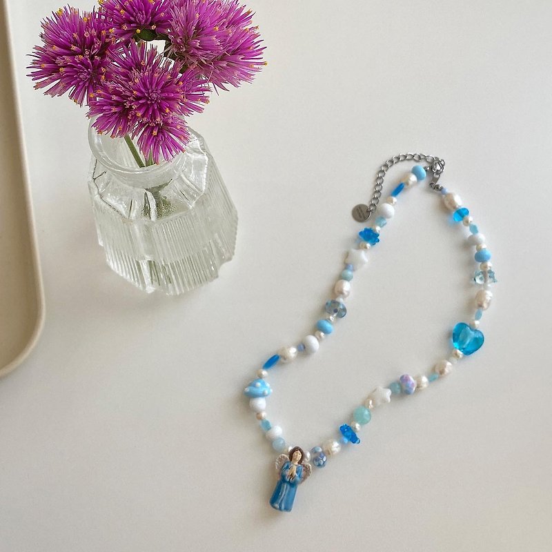 蓝色天使项链、玻璃珠、陶瓷、手工饰品 - 项链 - 玻璃 蓝色