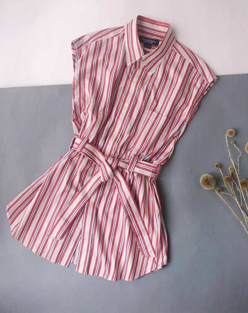 [R;]style-古着改造 复古红白机配色长版衬衫洋装 - 女装衬衫 - 聚酯纤维 红色