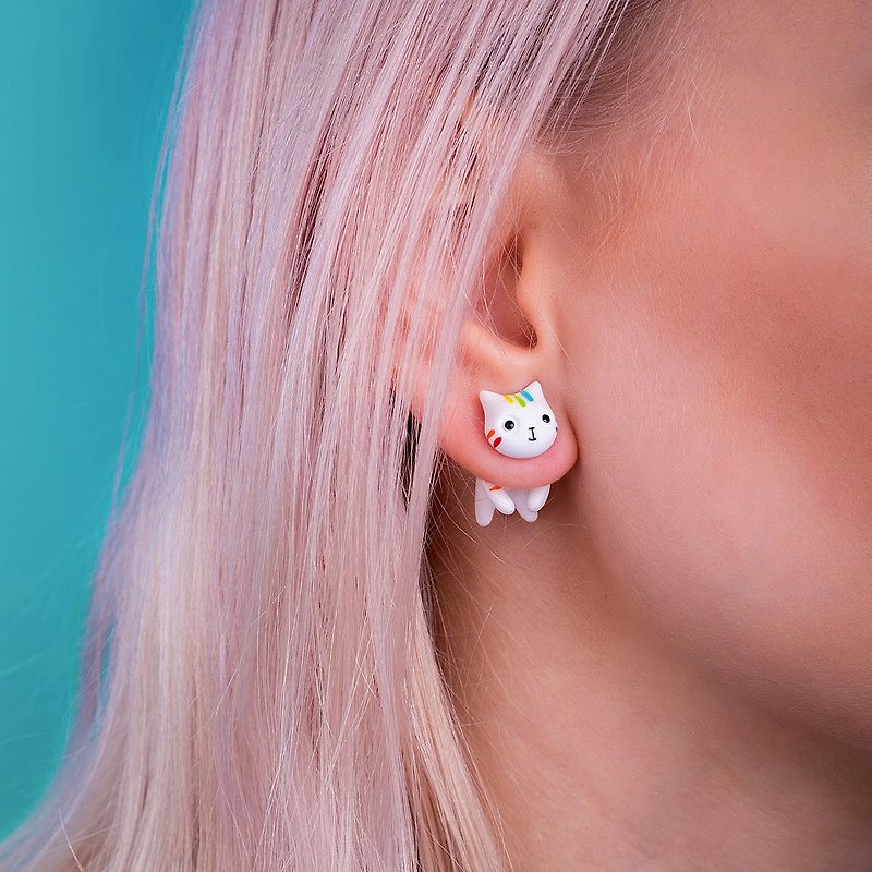 Rainbow Earring Polymer Clay - Rainbow Cat Stud - 耳环/耳夹 - 粘土 白色