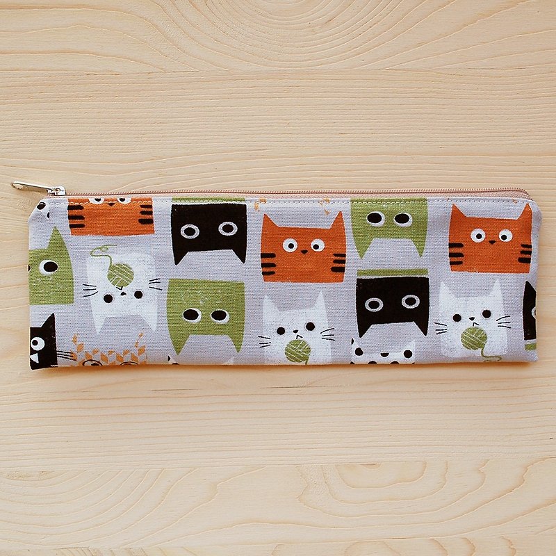 猫咪吃鱼拉链宽版筷袋 - 筷子/筷架 - 棉．麻 绿色