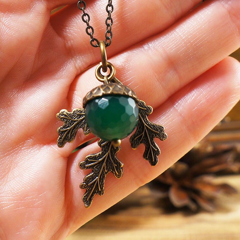 Dark Sea Green Agate Brass Acorn Oak Leaf Pendant Necklace Woman Jewelry Gift - 项链 - 半宝石 绿色