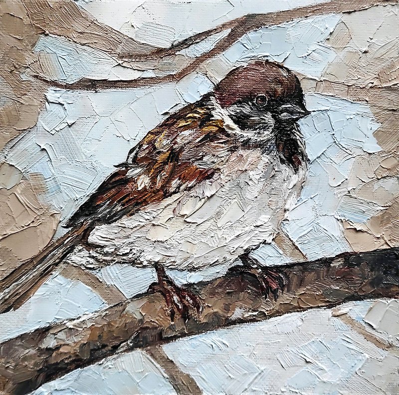 Sparrow Painting Bird Original Art Animal Artwork Oil Painting Bird Wall Art - 海报/装饰画/版画 - 其他材质 咖啡色