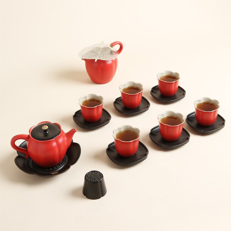 【吉相伴茶礼】一壶一海六杯+杯托 壶承 盖置 全套茶席 - 茶具/茶杯 - 陶 红色