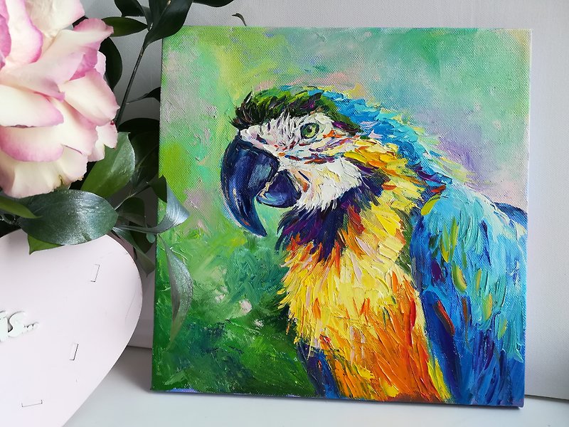 Ara Parrot oil painting on canvas Bright parrot wall art Painting with a bird - 墙贴/壁贴 - 其他材质 多色