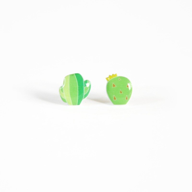 多肉仙人掌 手绘森系不对称耳钉 可改耳夹款 清新礼物 - 耳环/耳夹 - 塑料 绿色