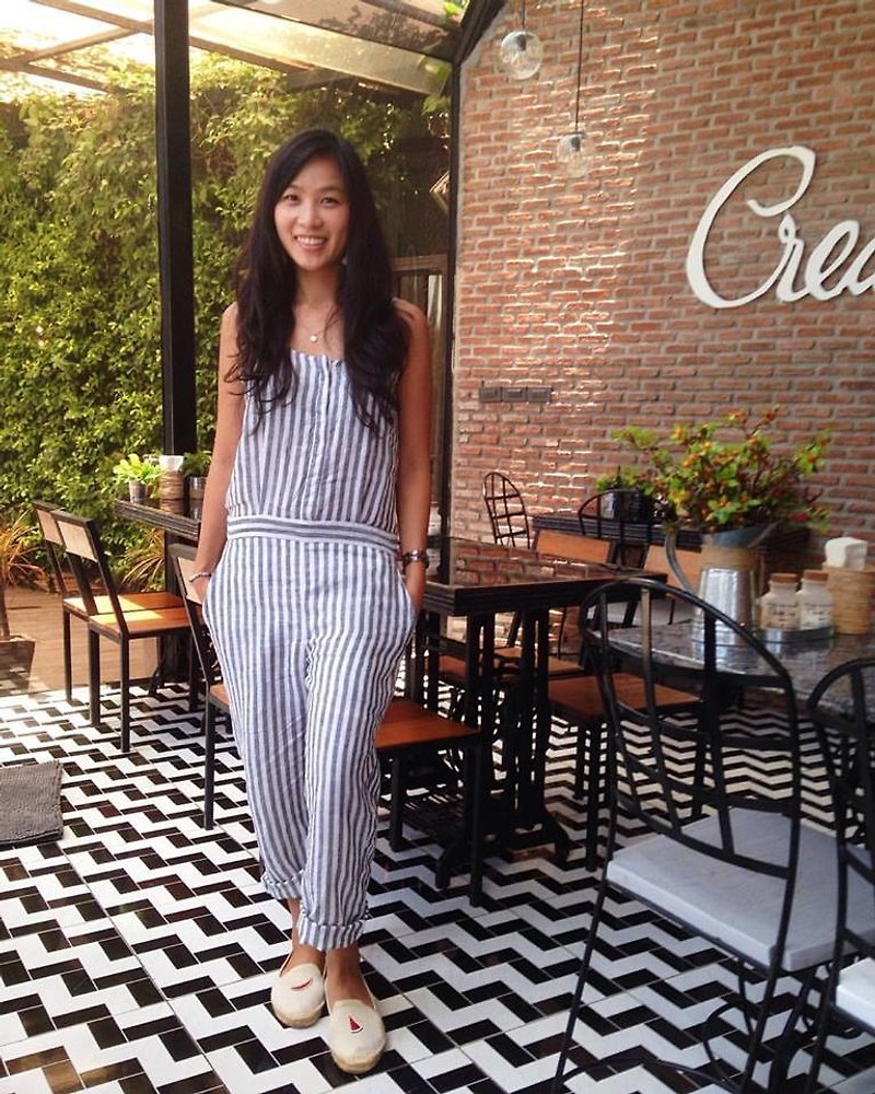 Ruby Linen Jumpsuit in Grey Stripes - 背带裤/连体裤 - 亚麻 灰色