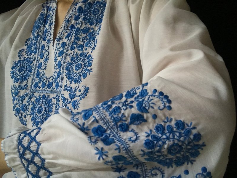 1970年代 瑞士手工刺绣花卉长袖衬衫/上衣 - 女装上衣 - 棉．麻 