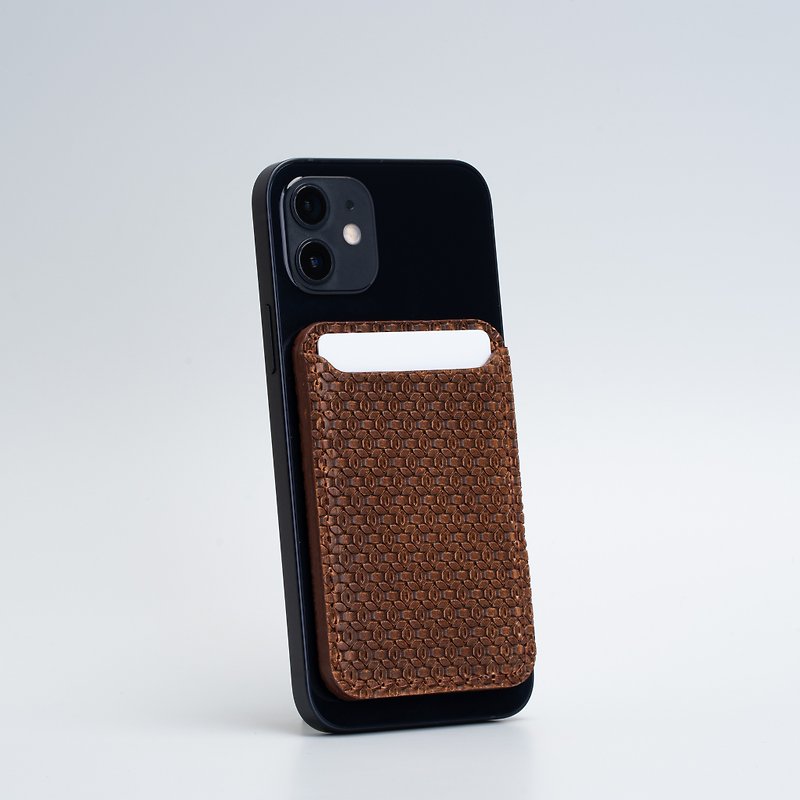 MagSafe iPhone 15/14/13/12 系列的皮质 iPhone 钱包 - 几何网状 - 手机配件 - 真皮 咖啡色