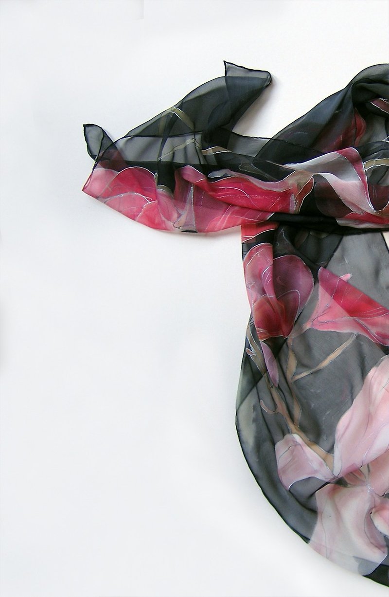 Silk chiffon scarf with pink magnolias/ Floral scarf painted by hand - 丝巾 - 丝．绢 黑色