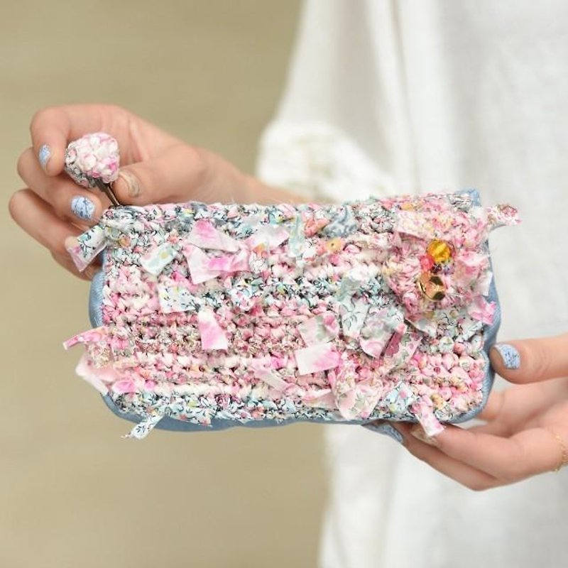 わたしだけのリバティ咲き編みポーチ x デニム ||ピンク - 化妆包/杂物包 - 其他材质 粉红色