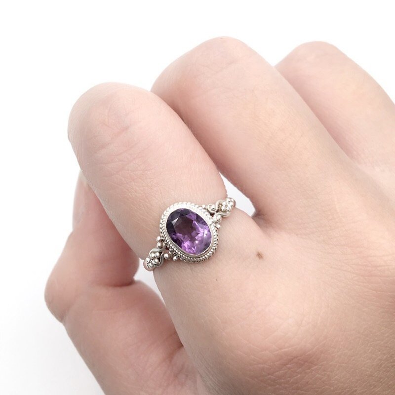 紫水晶925纯银雅致设计戒指 尼泊尔手工镶嵌制作 - 戒指 - 宝石 紫色