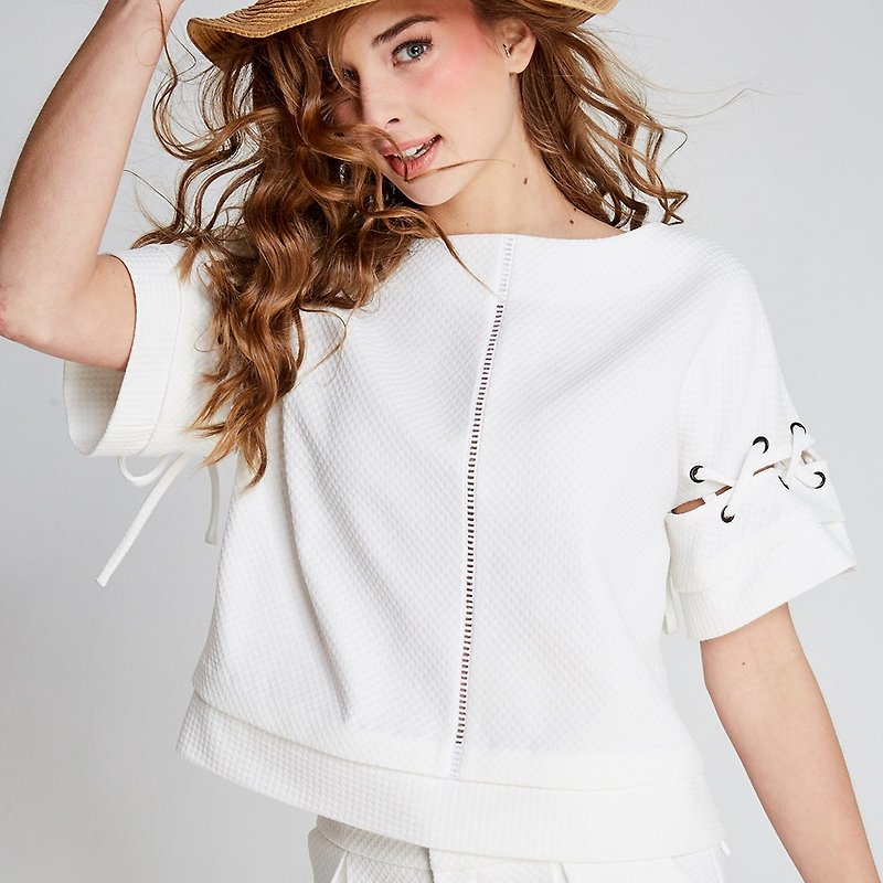 白色圆领接袖上衣(FIT1701TP01WH) - 女装上衣 - 聚酯纤维 白色