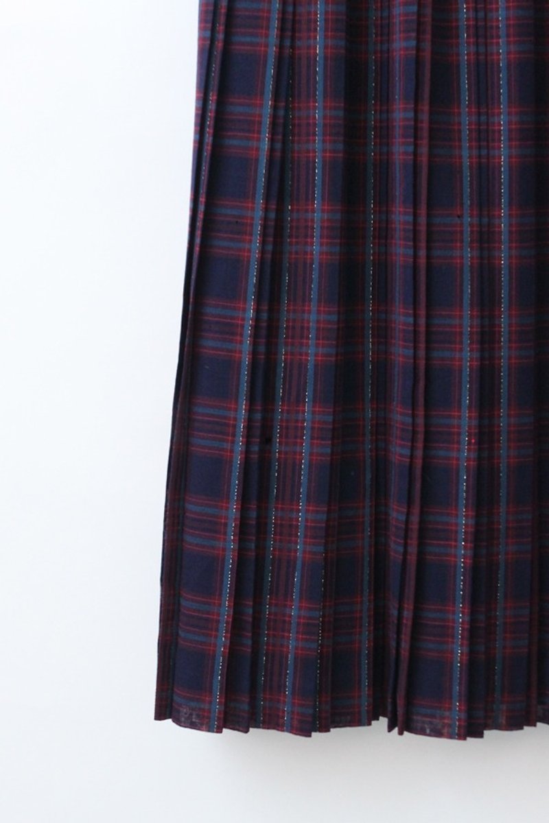 【RE0817SK160】早秋日本制暗色红格百折古着长裙 - 裙子 - 羊毛 紫色
